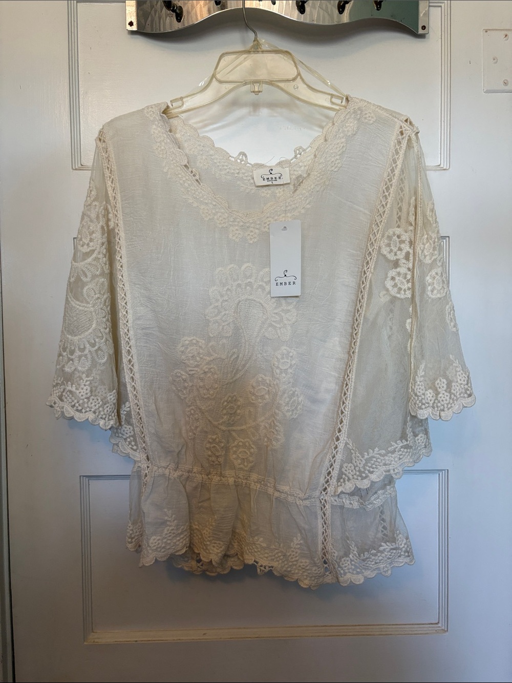 Ember Embroidered Lace Peplum Top Cream Size L